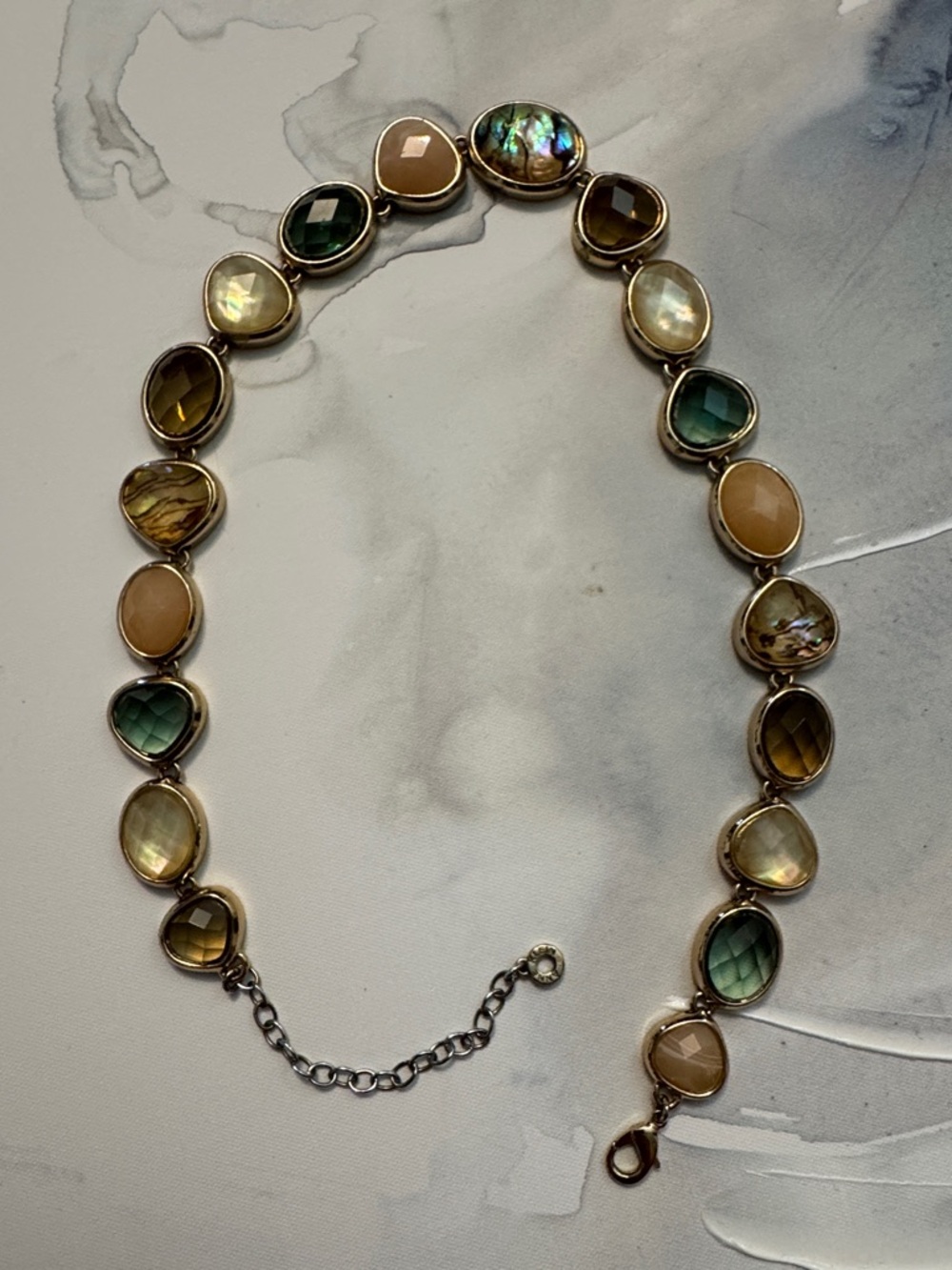 Anne Klein Multicolor Bezel Link Necklace with Green and Tan Stones